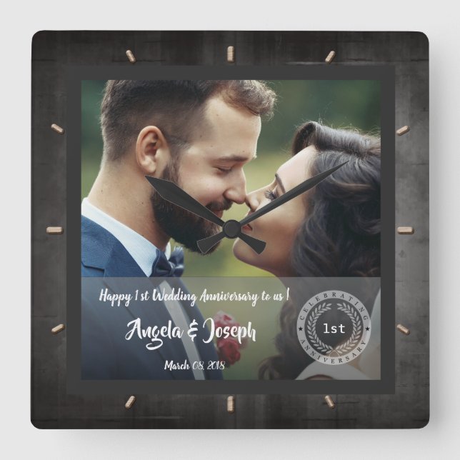 1st Wedding Anniversary Photo Wood Texture Clock (Front)