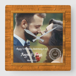 1st Wedding Anniversary Photo Wood Texture Clock
