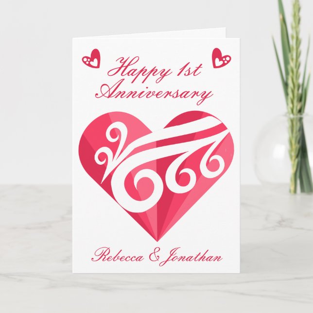 1st Wedding Anniversary Pink Heart Personalised Card (Front)