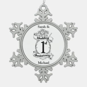 1st Wedding Anniversary Snowflake Pewter Christmas Ornament