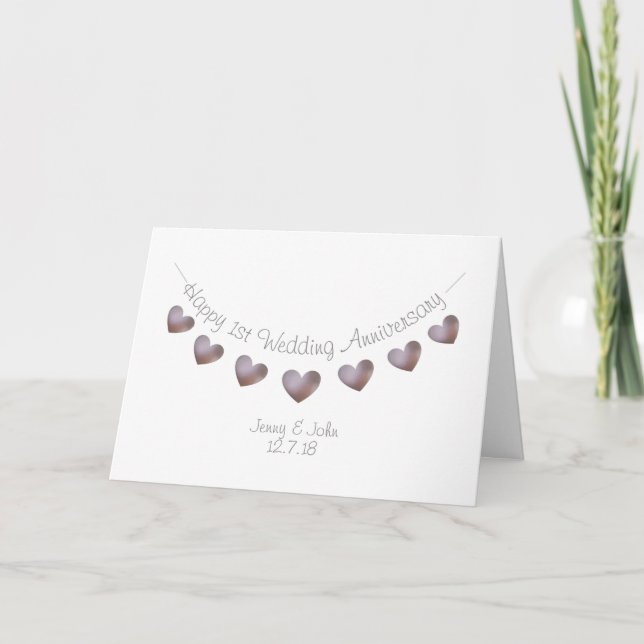 1st Wedding Anniversary with purple pearl hearts Card (Front)