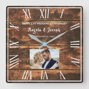 1st wedding anniversary wooden photo frame  square wall clock