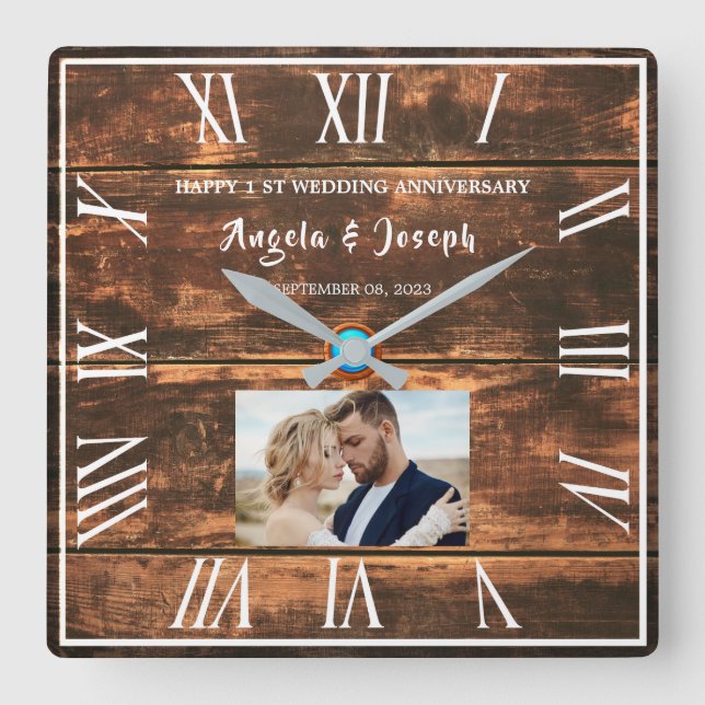 1st wedding anniversary wooden photo frame  square wall clock (Front)
