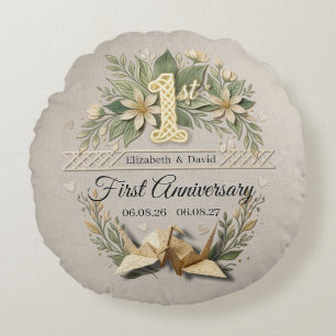 1st Wedding Paper Anniversary Papercut Crane Photo Round Cushion