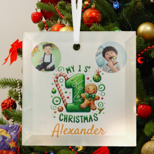 1st Xmas Candy Cane Gingerbread Photo Ornament