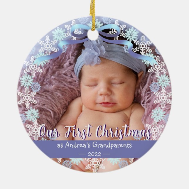 1st Xmas New Baby Grandparents Soft Blue Purple Ceramic Ornament (Back)