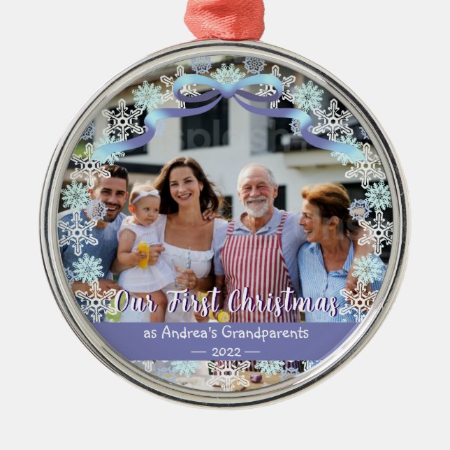 1st Xmas New Baby Grandparents Soft Blue Purple  Metal Ornament (Front)