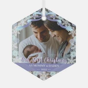 1st Xmas Newborn Parents Soft Blue Tone Custom  Glass Tree Decoration