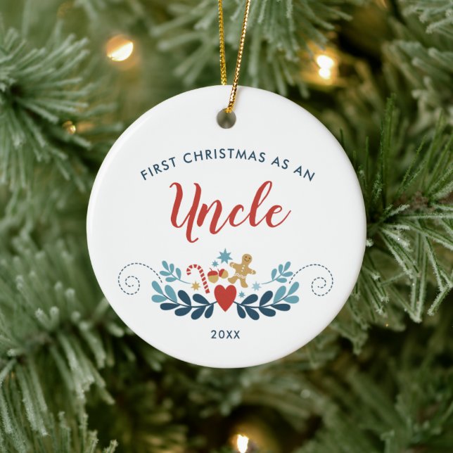 1st Xmas Uncle Personalised Gingerbread Candy Cane Ceramic Ornament (Tree)