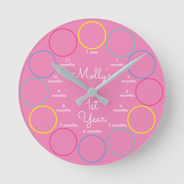 1st Year of Photos Baby Girl Nursery Round Clock (Front)