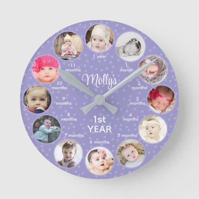 1st Year of Photos Girl Purple Polka Dots Nursery Round Clock (Front)