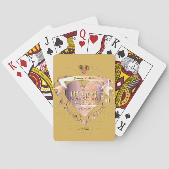 "1st Year Paper & Gold Wedding Anniversary"Heart Playing Cards (Back)