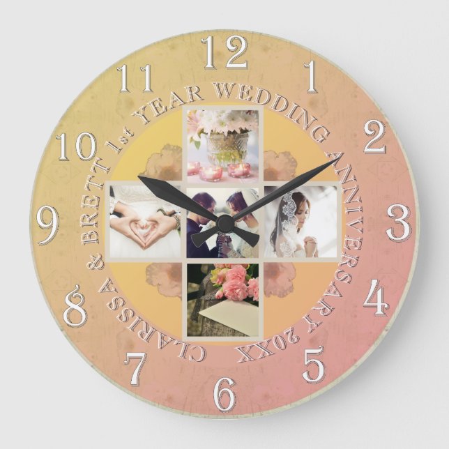 1st year Wedding Anniversary 5 photos Yellow Round Large Clock (Front)