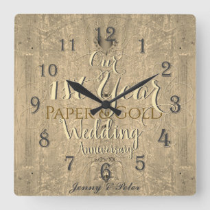 1st Year Wedding Anniversary Paper&Gold Square Wal Square Wall Clock