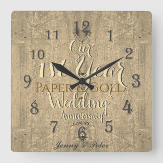 1st Year Wedding Anniversary Paper&Gold Square Wal Wall Clock