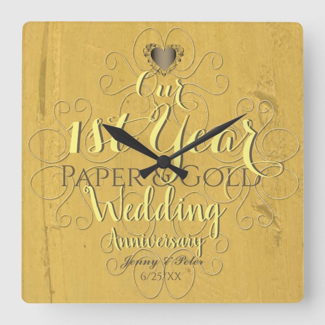1st Year Wedding Anniversary Paper&Gold Square Wall Clock (Front)