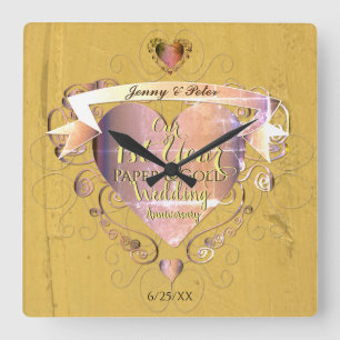 1st Year Wedding Anniversary Paper&Gold w Heart Square Wall Clock