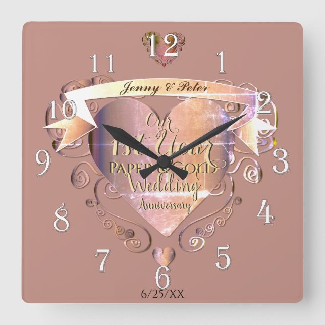 1st Year Wedding Anniversary Paper&Gold w Heart Square Wall Clock (Front)