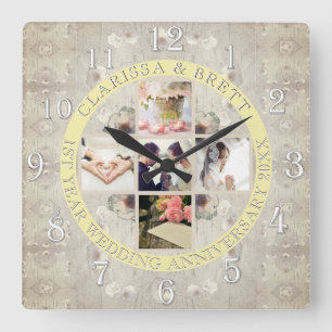 1stYr.Wedding Anniversary Photos Yellow Medalion Square Wall Clock