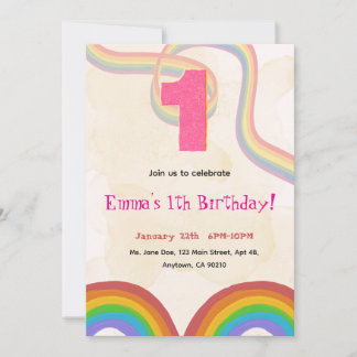 1th Birthday Invitation Girl Editable Rainbow