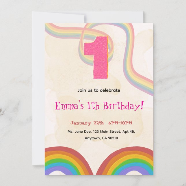 1th Birthday Invitation Girl Editable Rainbow (Front)