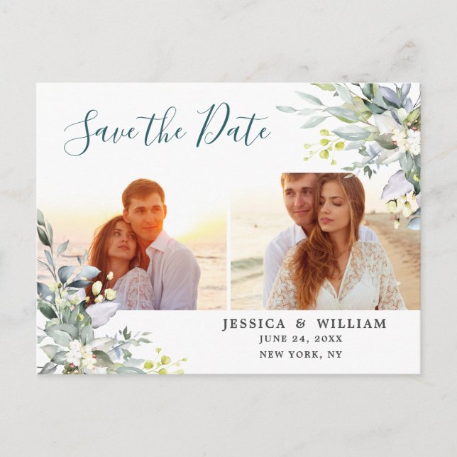 1Watercolor Eucalyptus PHOTO Wedding Save the Date Announcement Postcard (Front)