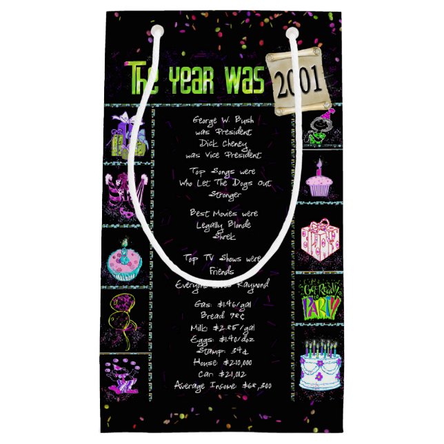 2001 Birth Year Trivia on Black Small Gift Bag (Front)