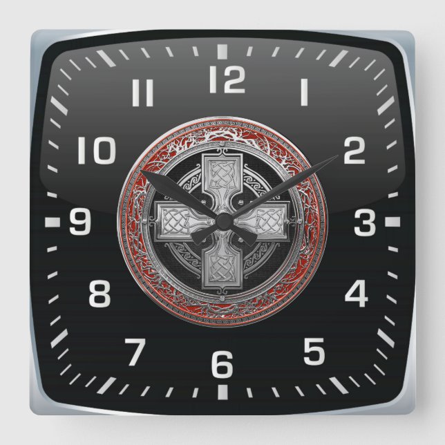 [200] Ancient Celtic Sacred Silver Knot Cross Square Wall Clock (Front)