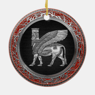 [200] Assyrian Winged Bull - Silver Lamassu Ceramic Ornament