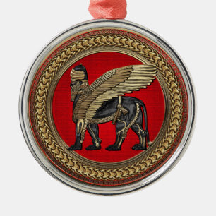 [200] Assyrian Winged Lion: Gold & Black Lamassu Metal Ornament
