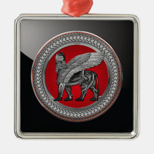 [200] Assyrian Winged Lion: Silver & Black Lamassu Metal Ornament