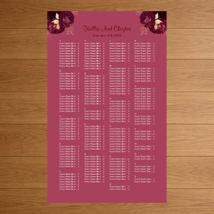 200 Burgundy And Gold Floral Wedding Seating Chart