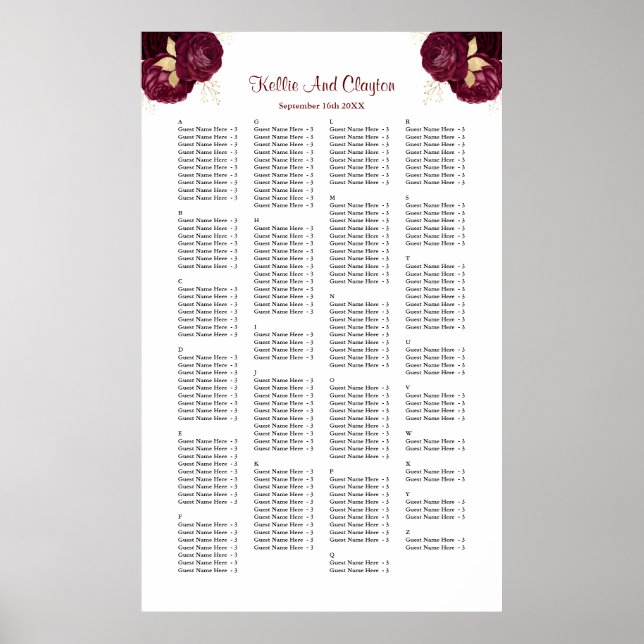 200 Burgundy And Gold Floral Wedding Seating Chart (Front)