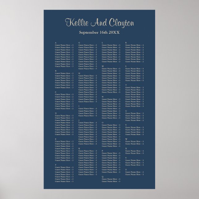 200 Classic Blue Simple Wedding Seating Chart (Front)