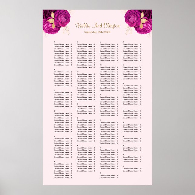 200 Pink And Gold Floral Wedding Seating Chart (Front)