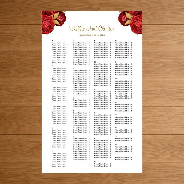200 Red And Gold Floral Wedding Seating Chart (Creator Uploaded)
