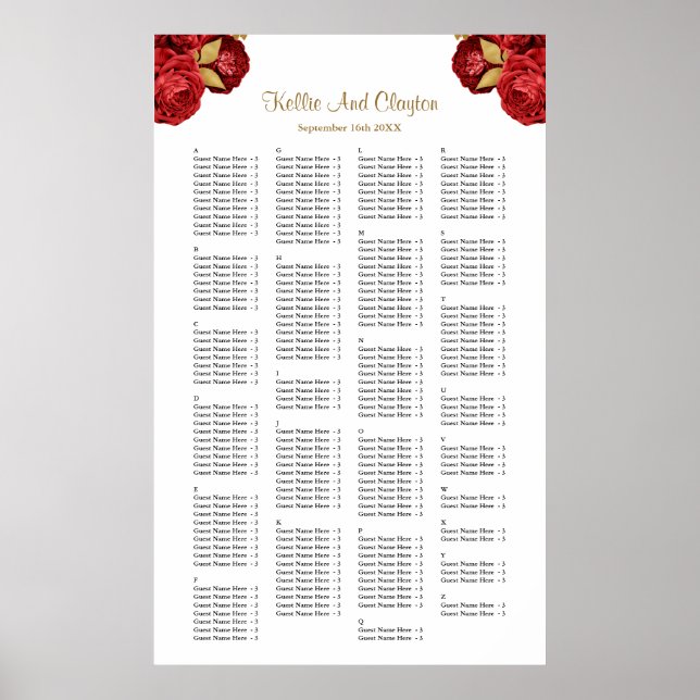 200 Red And Gold Floral Wedding Seating Chart (Front)