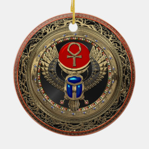 [200] Sacred Gold Egyptian Winged Scarab with Ankh Ceramic Ornament