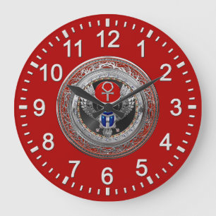 [200] Sacred Silver Egyptian Winged Scarab & Ankh Large Clock