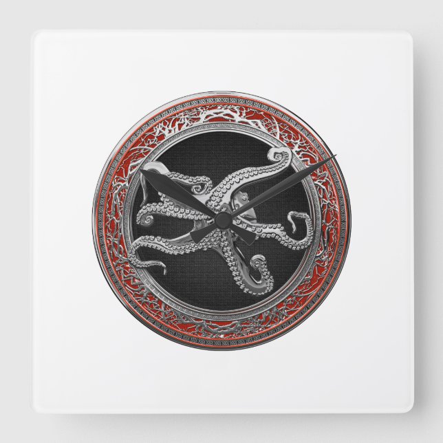 [200] Sacred Silver Octopus in Defensive Posture Square Wall Clock (Front)