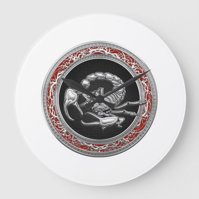 [200] Sacred Silver Scorpion on Black Large Clock (Front)