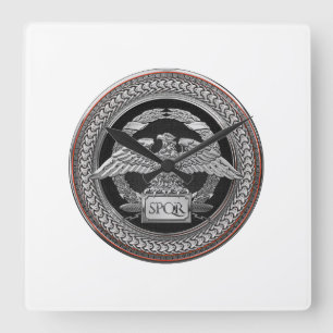 [200] Silver Roman Imperial Eagle over Medallion Square Wall Clock