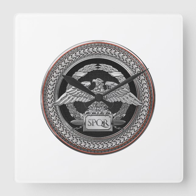 [200] Silver Roman Imperial Eagle over Medallion Square Wall Clock (Front)