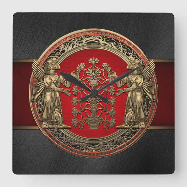 [200] Two Gold Ninurtas with Tree of Life Square Wall Clock (Front)