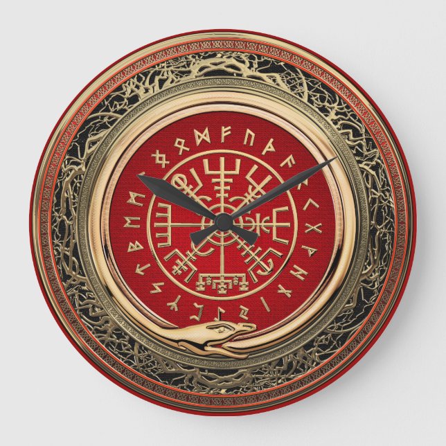 [200] Vegvisir - Viking Gold Magic Runic Compass Large Clock (Front)