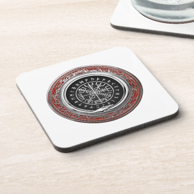 [200] Vegvisir - Viking Silver Magic Runic Compass Coaster (Left Side)