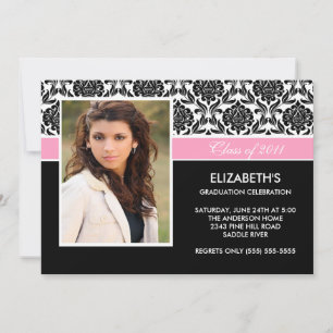 2011 Black Damask Photo Graduation Invitation pink