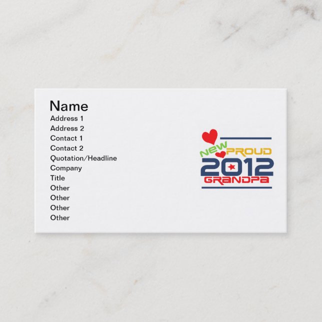 2012 Proud Grandpa T-shirts and Gifts Business Card (Front)