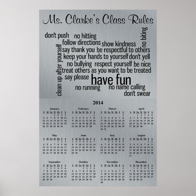 2013-2014 School Calendar Classroom Rules Poster (Front)
