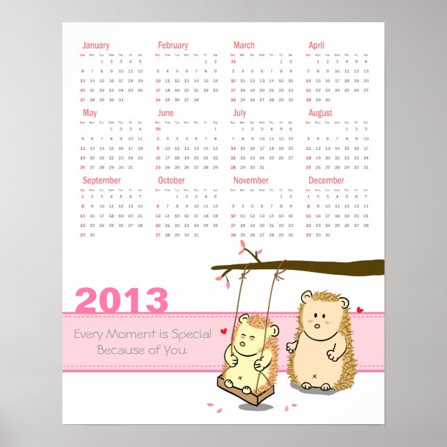 2013 Calendar: Cute Hedgehog couple at tree swing Poster (Front)